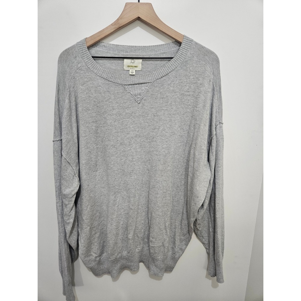 Offline by Aerie Gray Crewneck Sweater Oversized Knit Pullover V-Stitch Detail M